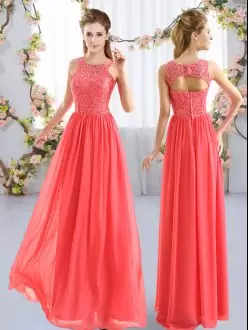 Amazing Scoop Sleeveless Wedding Guest Dresses Floor Length Lace Coral Red Chiffon