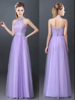 Inexpensive Lavender Quinceanera Court Dresses Prom and Party with Lace and Appliques Halter Top Sleeveless Lace Up