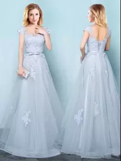 Tulle Scoop Cap Sleeves Lace Up Appliques and Belt Quinceanera Court Dresses in Light Blue