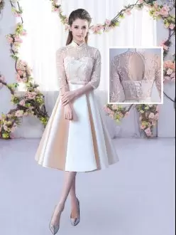Champagne A-line High-neck Half Sleeves Satin Tea Length Lace Up Lace and Belt Dama Dress