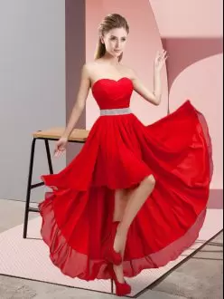 Affordable Red Sophisticated Straps Chiffon High Low Bridesmaid Dress with Beaded Belt
