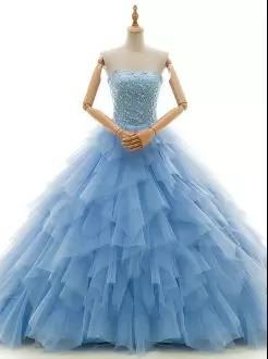 Latest Beading and Ruffles Wedding Gowns Baby Blue Lace Up Sleeveless With Train Court Train