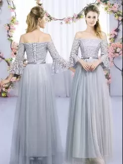 Most Popular Grey 3 4 Length Sleeve Lace and Belt Floor Length Wedding Party Dress