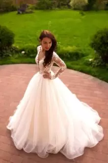 Stunning White Ball Gowns Organza V-neck Long Sleeves Lace With Train Lace Up Wedding Dresses Sweep Train