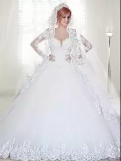 Dramatic White Tulle Zipper Off The Shoulder Long Sleeves With Train Wedding Dresses Chapel Train Beading and Lace and Appliques