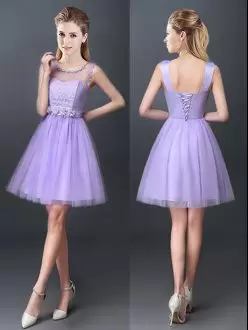 Scoop Sleeveless Bridesmaid Gown Mini Length Lace Lavender Tulle