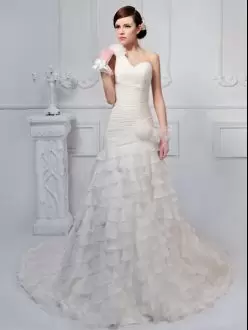 Classical One Shoulder Sleeveless Wedding Dress Brush Train Ruffled Layers and Ruching and Hand Made Flower White Organza