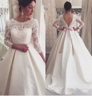 Most Popular White Scoop Backless Appliques and Belt Wedding Gown Brush Train 3 4 Length Sleeve