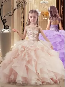 Peach Kids Pageant Dress Party and Wedding Party with Beading and Ruffles Scoop Sleeveless Brush Train Lace Up