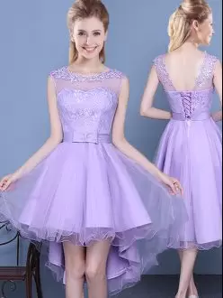 Lavender Sleeveless Mini Length Lace Lace Up Bridesmaids Dress Scoop