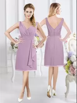 Lavender V-neck Neckline Ruching Bridesmaid Gown Sleeveless Zipper