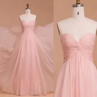 High Class Pink Empire Chiffon Sweetheart Sleeveless Ruching Floor Length Lace Up Wedding Guest Dresses
