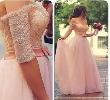 Dynamic Half Sleeves Floor Length Beading Zipper Runway Inspired Dress with Baby Pink