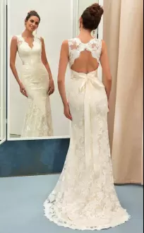 White Mermaid Lace V-neck Sleeveless Sashes ribbons Floor Length Backless Wedding Gowns