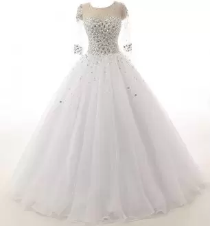 Vintage Tulle Scoop Long Sleeves Lace Up Beading Wedding Dresses in White