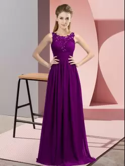 Superior Sleeveless Chiffon Floor Length Zipper Wedding Party Dress in Purple with Beading and Appliques
