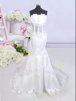 Brush Train Mermaid Wedding Gown White Scalloped Satin Sleeveless With Train Zipper