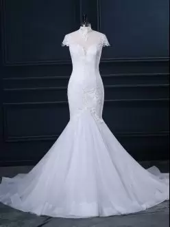 White Cap Sleeves Court Train Lace Wedding Dresses