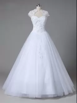 White Cap Sleeves Lace and Appliques Floor Length Wedding Dress