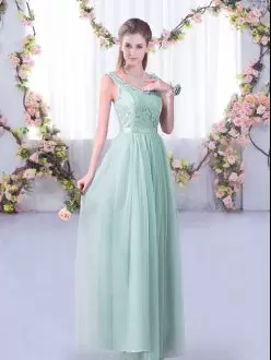 Customized Light Blue Side Zipper Bridesmaid Gown Lace and Belt Sleeveless Floor Length