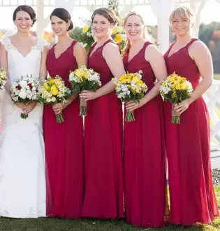 Empire Bridesmaid Dresses Red V-neck Chiffon Sleeveless Floor Length