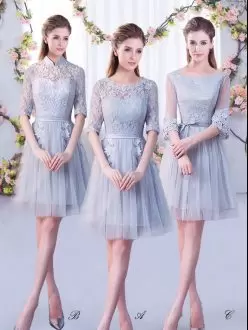 Modest Grey Half Sleeves Lace Mini Length Wedding Guest Dresses