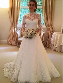 Admirable Long Sleeves Halter Top Court Train Lace Backless Wedding Dress