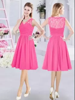 Fashion Hot Pink A-line V-neck Sleeveless Chiffon Knee Length Side Zipper Lace and Ruching Wedding Party Dress