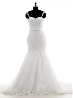 With Train White Wedding Gowns Spaghetti Straps Sleeveless Brush Train Backless