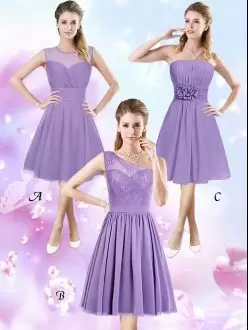Lavender A-line Lace and Ruching and Hand Made Flower Wedding Guest Dresses Zipper Chiffon Sleeveless Knee Length