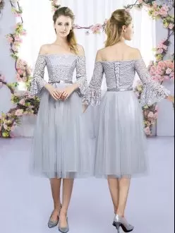 Deluxe 3 4 Length Sleeve Tulle Tea Length Lace Up Court Dresses for Sweet 16 in Grey with Lace and Belt