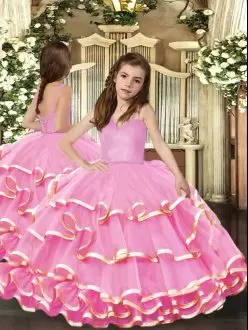 Adorable Floor Length Lace Up Little Girl Pageant Gowns Pink for Party and Sweet 16 and Wedding Party with Beading and Ruffled Layers