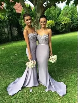 Sleeveless With Train Beading and Appliques and Ruching Lace Up Bridesmaid Dress with Silver Brush Train