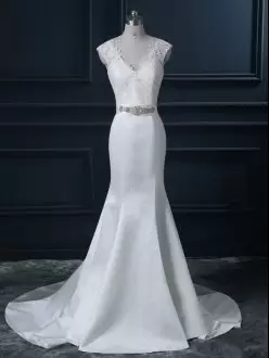 Modern White Backless Wedding Gown Beading and Lace Sleeveless Brush Train