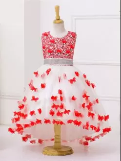 Elegant Scoop Sleeveless Zipper Little Girls Pageant Dress White And Red Tulle Appliques and Sequins