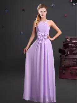 Charming Lavender Bridesmaid Dresses Prom and Party and Wedding Party with Ruching and Bowknot Halter Top Sleeveless Zipper