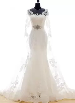 Captivating Long Sleeves With Train Appliques Lace Up Wedding Dress with White Court Train