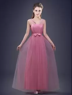 Best Selling Empire Bridesmaids Dress Pink V-neck Tulle Sleeveless Floor Length Lace Up