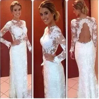 White Scoop Neckline Lace Wedding Gown Long Sleeves Backless