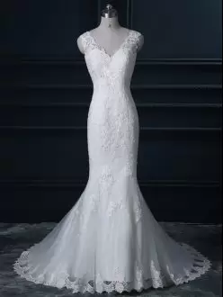 Spectacular Sleeveless V-neck Brush Train Lace Backless Wedding Dresses