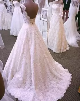 Ivory Fully Lace Low Back Sleeveless Wedding Dress With Brush Train