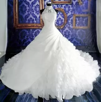 Halter Top Sleeveless Wedding Dress Cathedral Train Beading and Ruffles White Organza