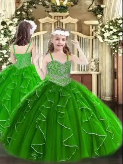 Excellent Green Organza Lace Up Straps Sleeveless Floor Length Kids Pageant Dress Beading and Ruffles