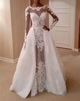 Best Selling White Scoop Neckline Lace and Appliques Wedding Dresses Long Sleeves Lace Up