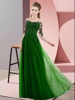 Sophisticated Bateau Half Sleeves Bridesmaid Dress Floor Length Beading and Lace Green Chiffon