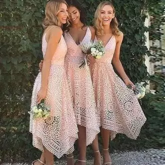 Spaghetti Straps Pink Lace V Neck Asymmetrical Bridesmaid Dress