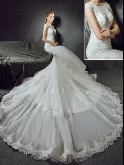 White Side Zipper Scoop Lace Wedding Dresses Tulle Sleeveless Court Train