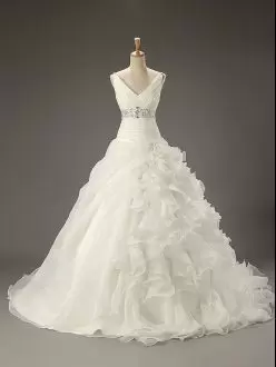 Amazing White A-line Beading and Ruffles and Ruching Wedding Gowns Lace Up Organza Sleeveless