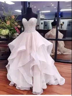 Comfortable Sleeveless Floor Length Beading and Ruffles Lace Up Wedding Gown with Baby Pink