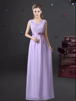 Popular Lavender Empire Lace and Belt Bridesmaid Dresses Lace Up Chiffon Sleeveless Floor Length